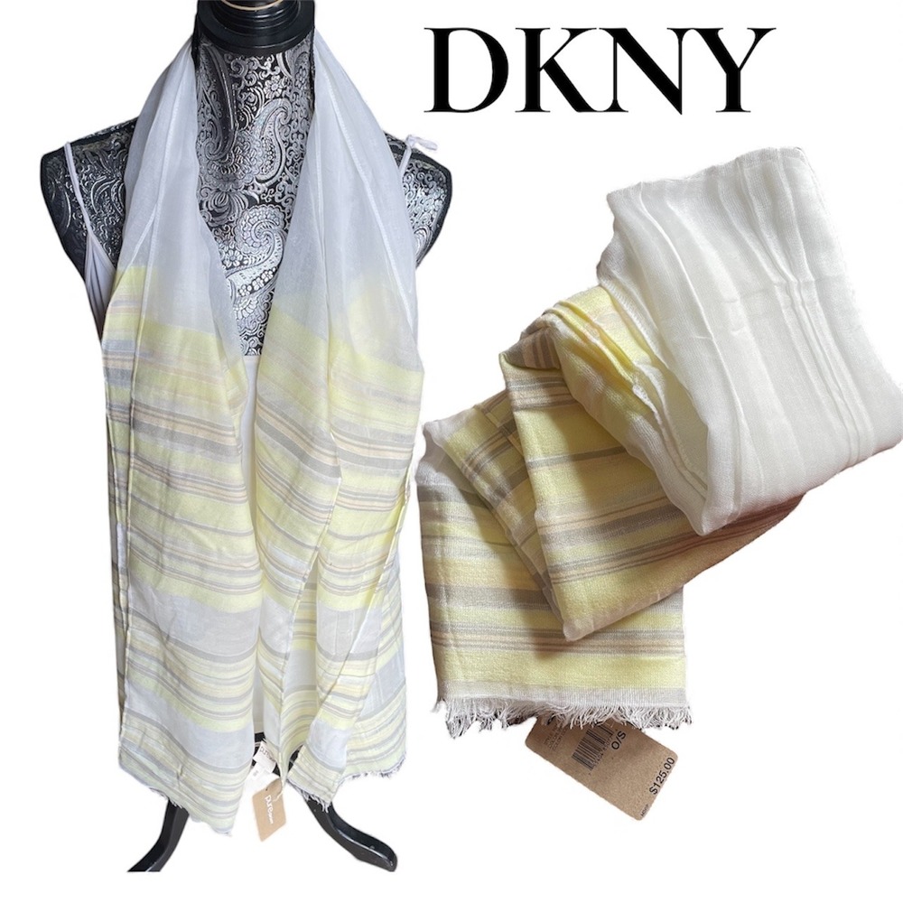 DKNY Pure DKNY Stripe Lightweight Sheer Scarf Wrap Shawl White Yellow‎ MSRP $125